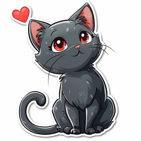 Cute Kawaii Stickers Grey Cat with Heartfelt Simple Line Drawing on White Background (236)