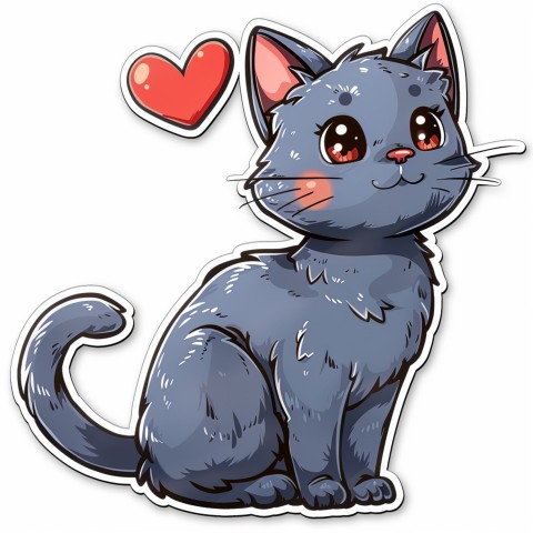 Cute Kawaii Stickers Grey Cat with Heartfelt Simple Line Drawing on White Background (235)