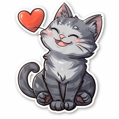 Cute Kawaii Stickers Grey Cat with Heartfelt Simple Line Drawing on White Background (241)