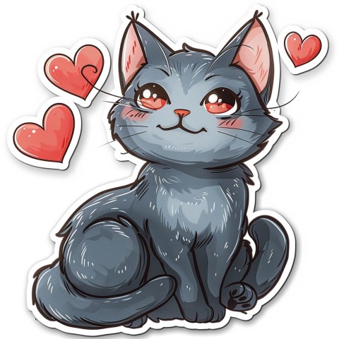 Cute Kawaii Stickers Grey Cat with Heartfelt Simple Line Drawing on White Background (234)