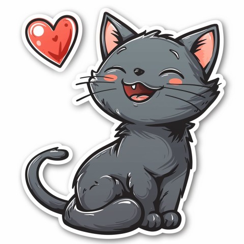 Cute Kawaii Stickers Grey Cat with Heartfelt Simple Line Drawing on White Background (279)