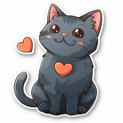 Cute Kawaii Stickers Grey Cat with Heartfelt Simple Line Drawing on White Background (255)