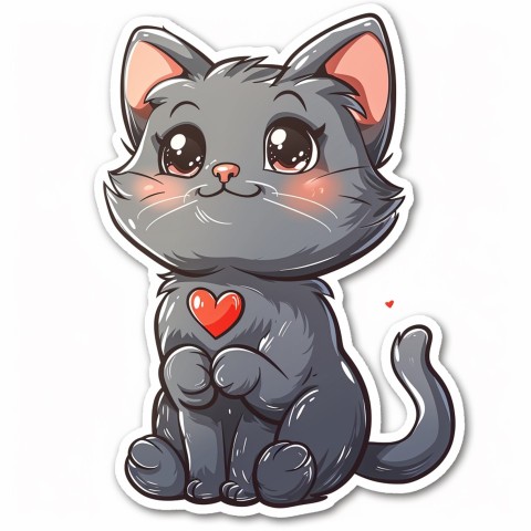 Cute Kawaii Stickers Grey Cat with Heartfelt Simple Line Drawing on White Background (263)