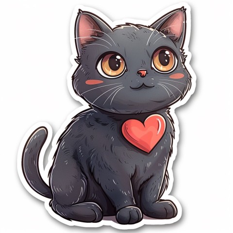 Cute Kawaii Stickers Grey Cat with Heartfelt Simple Line Drawing on White Background (275)