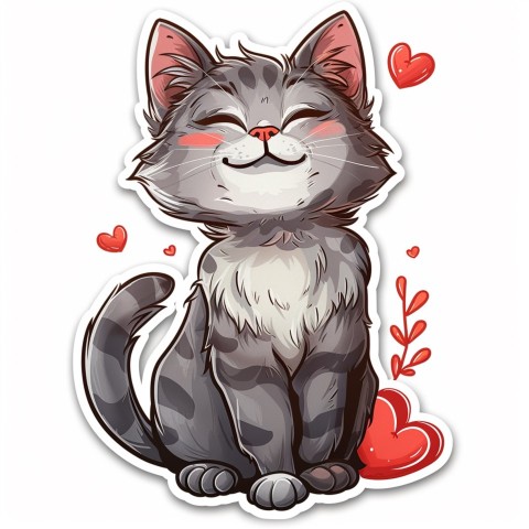 Cute Kawaii Stickers Grey Cat with Heartfelt Simple Line Drawing on White Background (258)