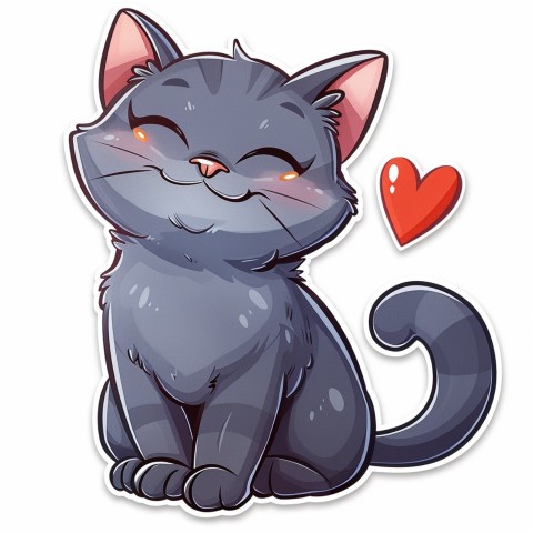 Cute Kawaii Stickers Grey Cat with Heartfelt Simple Line Drawing on White Background (256)