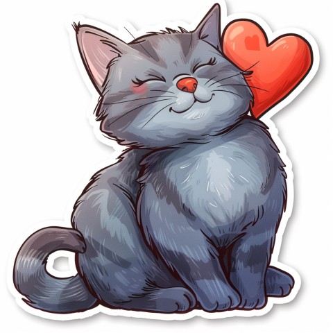 Cute Kawaii Stickers Grey Cat with Heartfelt Simple Line Drawing on White Background (266)