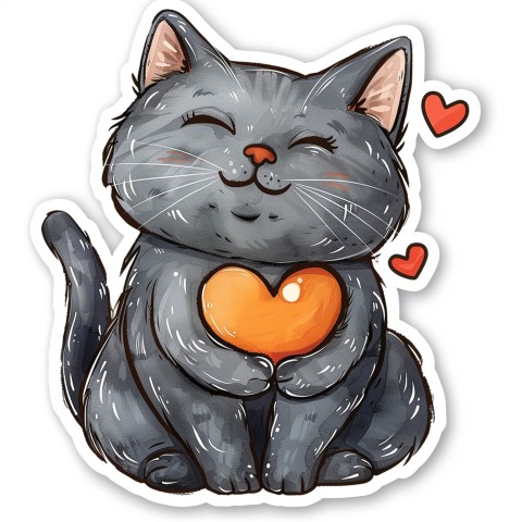 Cute Kawaii Stickers Grey Cat with Heartfelt Simple Line Drawing on White Background (265)