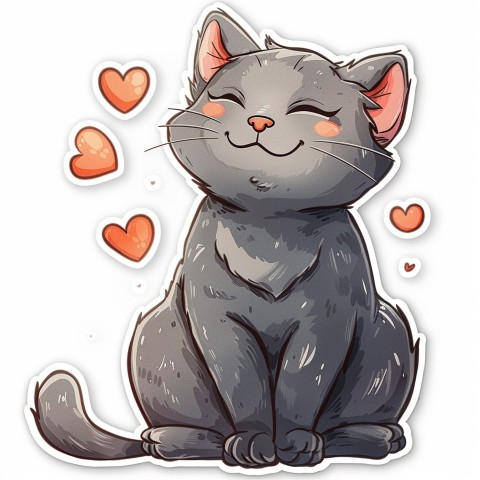 Cute Kawaii Stickers Grey Cat with Heartfelt Simple Line Drawing on White Background (271)