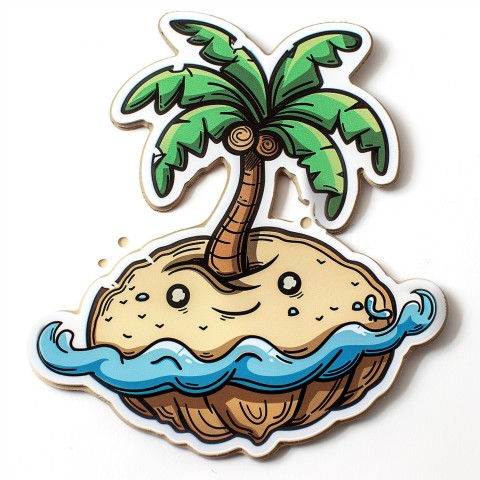 Cute Kawaii Stickers Happy Coconut Island with Palm Tree on White Background (1)