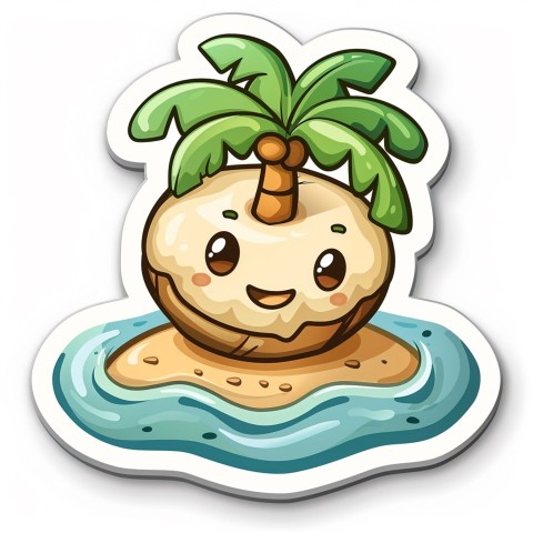 Cute Kawaii Stickers Happy Coconut Island with Palm Tree on White Background (2)