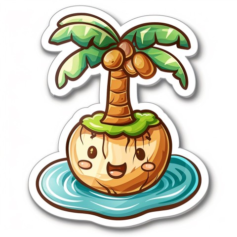 Cute Kawaii Stickers Happy Coconut Island with Palm Tree on White Background (20)