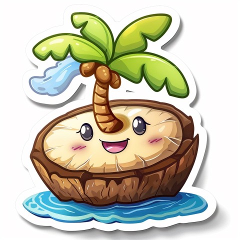 Cute Kawaii Stickers Happy Coconut Island with Palm Tree on White Background (9)