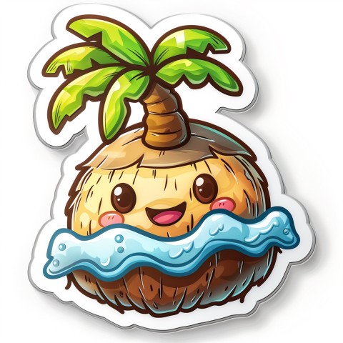 Cute Kawaii Stickers Happy Coconut Island with Palm Tree on White Background (5)