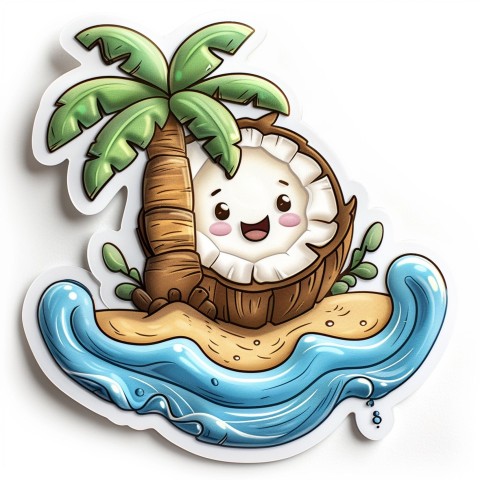 Cute Kawaii Stickers Happy Coconut Island with Palm Tree on White Background (12)