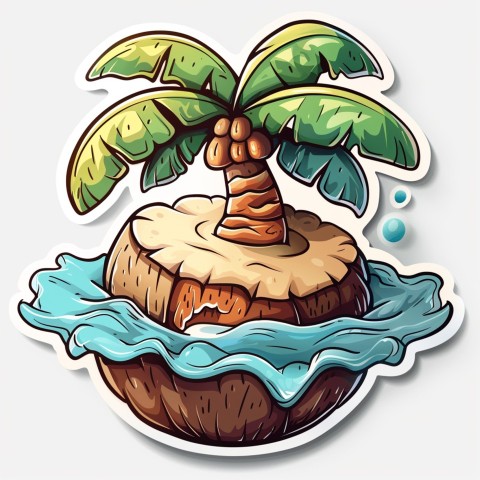 Cute Kawaii Stickers Happy Coconut Island with Palm Tree on White Background (17)