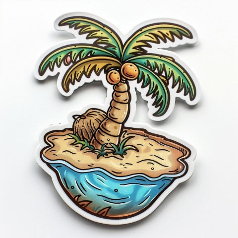 Cute Kawaii Stickers Happy Coconut Island with Palm Tree on White Background (16)