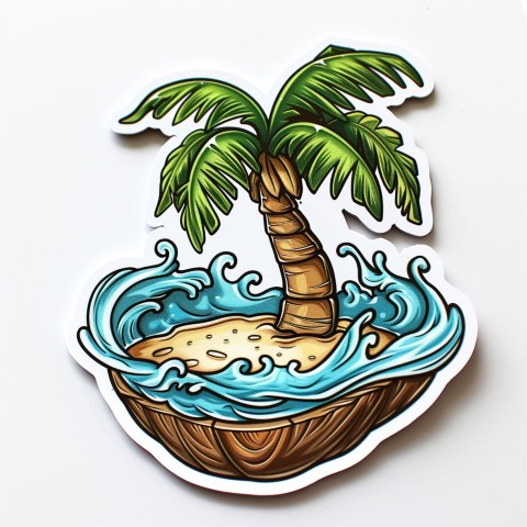 Cute Kawaii Stickers Happy Coconut Island with Palm Tree on White Background (11)