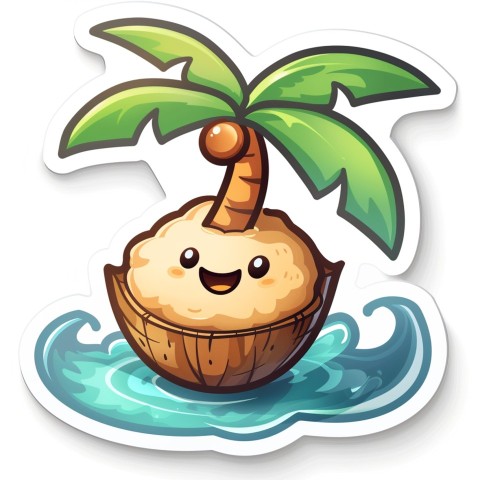 Cute Kawaii Stickers Happy Coconut Island with Palm Tree on White Background (32)