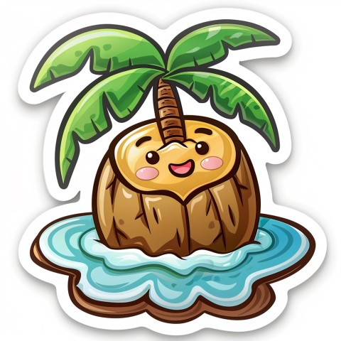 Cute Kawaii Stickers Happy Coconut Island with Palm Tree on White Background (38)