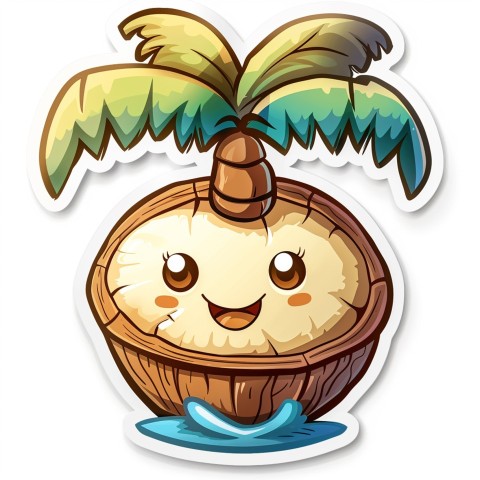 Cute Kawaii Stickers Happy Coconut Island with Palm Tree on White Background (33)