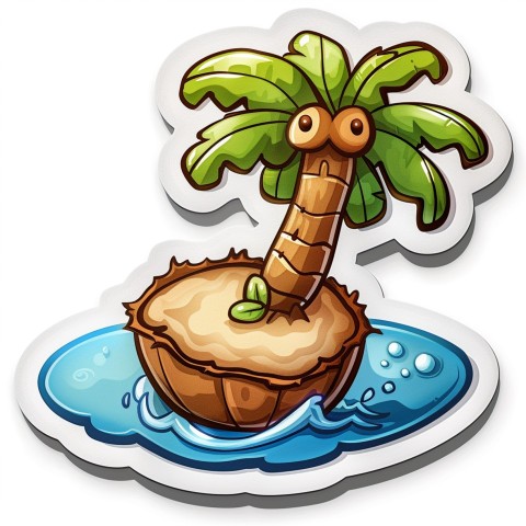 Cute Kawaii Stickers Happy Coconut Island with Palm Tree on White Background (34)