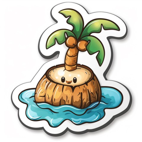 Cute Kawaii Stickers Happy Coconut Island with Palm Tree on White Background (48)