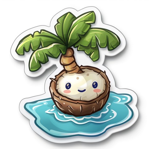 Cute Kawaii Stickers Happy Coconut Island with Palm Tree on White Background (41)