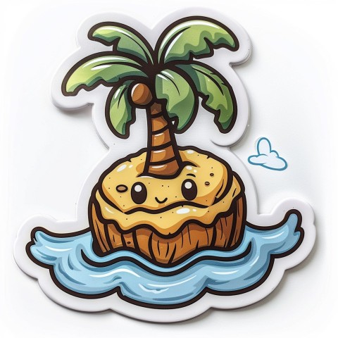 Cute Kawaii Stickers Happy Coconut Island with Palm Tree on White Background (52)