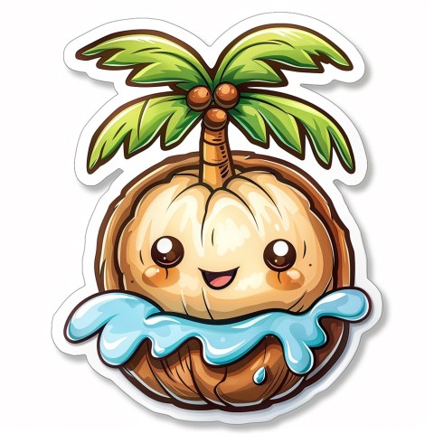 Cute Kawaii Stickers Happy Coconut Island with Palm Tree on White Background (58)