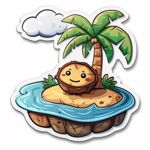 Cute Kawaii Stickers Happy Coconut Island with Palm Tree on White Background (57)