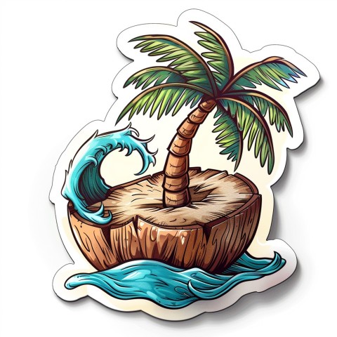 Cute Kawaii Stickers Happy Coconut Island with Palm Tree on White Background (47)