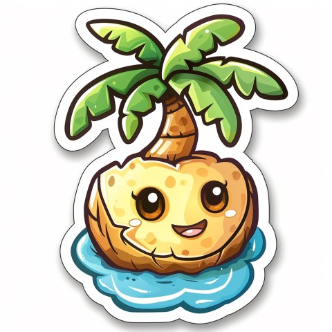 Cute Kawaii Stickers Happy Coconut Island with Palm Tree on White Background (64)