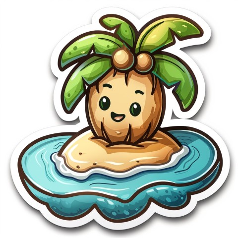 Cute Kawaii Stickers Happy Coconut Island with Palm Tree on White Background (65)