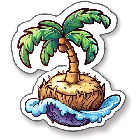 Cute Kawaii Stickers Happy Coconut Island with Palm Tree on White Background (75)