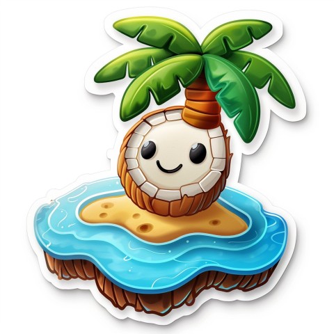 Cute Kawaii Stickers Happy Coconut Island with Palm Tree on White Background (74)