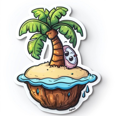 Cute Kawaii Stickers Happy Coconut Island with Palm Tree on White Background (70)