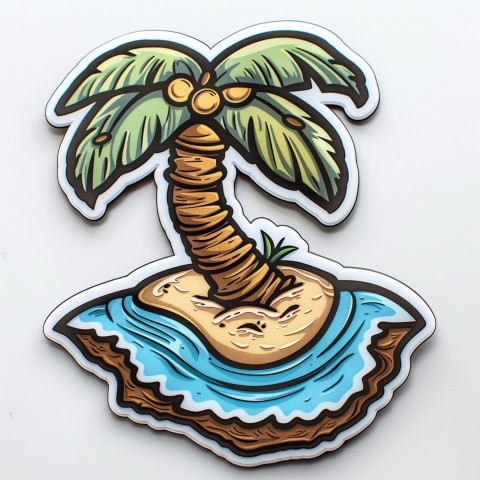 Cute Kawaii Stickers Happy Coconut Island with Palm Tree on White Background (73)