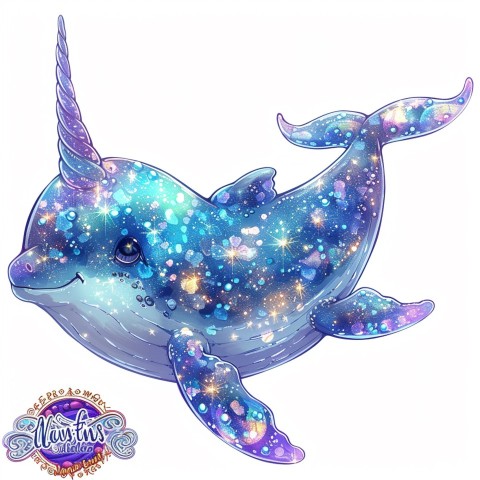 Cute Kawaii Stickers Narwhal with Sparkling Tusk on White Background (1)