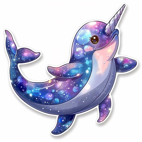 Cute Kawaii Stickers Narwhal with Sparkling Tusk on White Background (27)