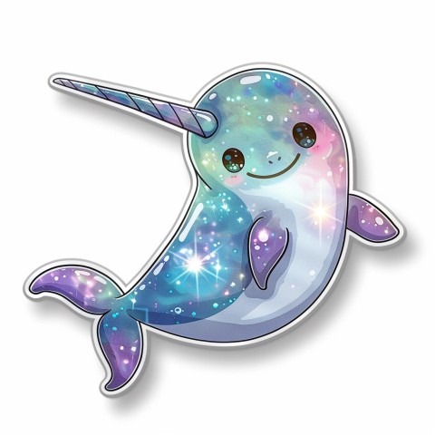 Cute Kawaii Stickers Narwhal with Sparkling Tusk on White Background (43)