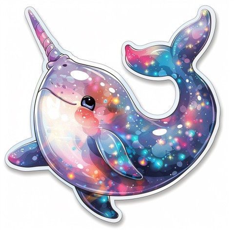 Cute Kawaii Stickers Narwhal with Sparkling Tusk on White Background (74)