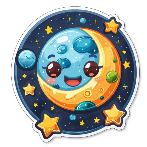 Cute Kawaii Stickers Smiling Planet Earth with Stars and Moon on White Background (16)