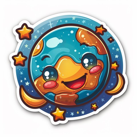 Cute Kawaii Stickers Smiling Planet Earth with Stars and Moon on White Background (22)