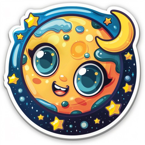 Cute Kawaii Stickers Smiling Planet Earth with Stars and Moon on White Background (21)