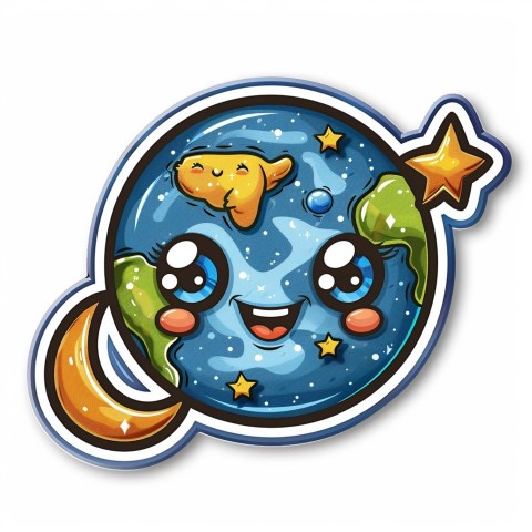 Cute Kawaii Stickers Smiling Planet Earth with Stars and Moon on White Background (76)