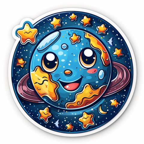 Cute Kawaii Stickers Smiling Planet Earth with Stars and Moon on White Background (99)