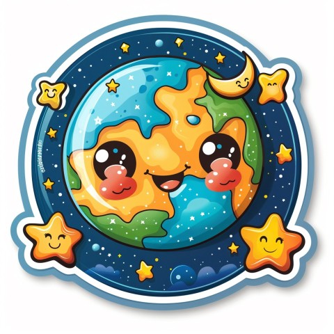 Cute Kawaii Stickers Smiling Planet Earth with Stars and Moon on White Background (92)