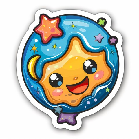 Cute Kawaii Stickers Smiling Planet Earth with Stars and Moon on White Background (114)