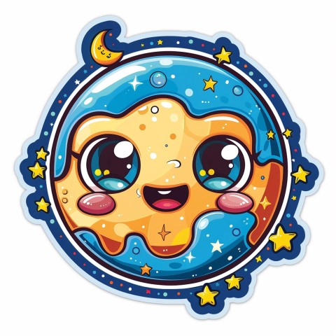 Cute Kawaii Stickers Smiling Planet Earth with Stars and Moon on White Background (124)